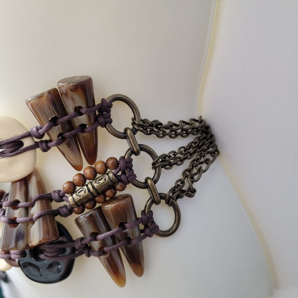 Chico's Tribal Three Strand Beaded Brass Tone Metal Chain Link Belt - Picture 4 of 7